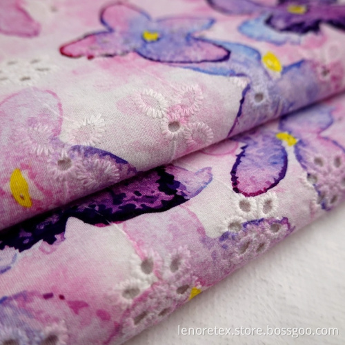 Woven Printed Cotton Poplin Cutwork Eyelet Embroidery Fabric